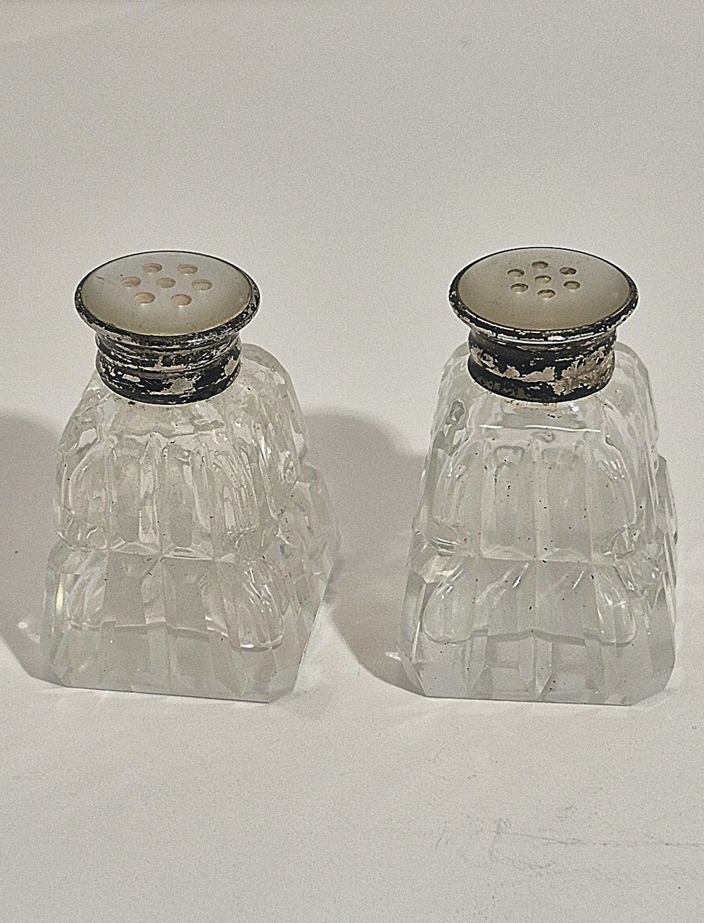 Antique BIRKS Sterling Silver Salt And Pepper Shakers Crystal Mother Pearl Cap